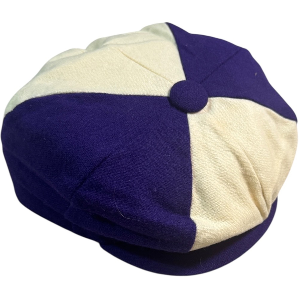 Vintage Stevens Wool Blend Newsboy Cap Purple Cream Colorblock 7‎ 3/8 Union Made